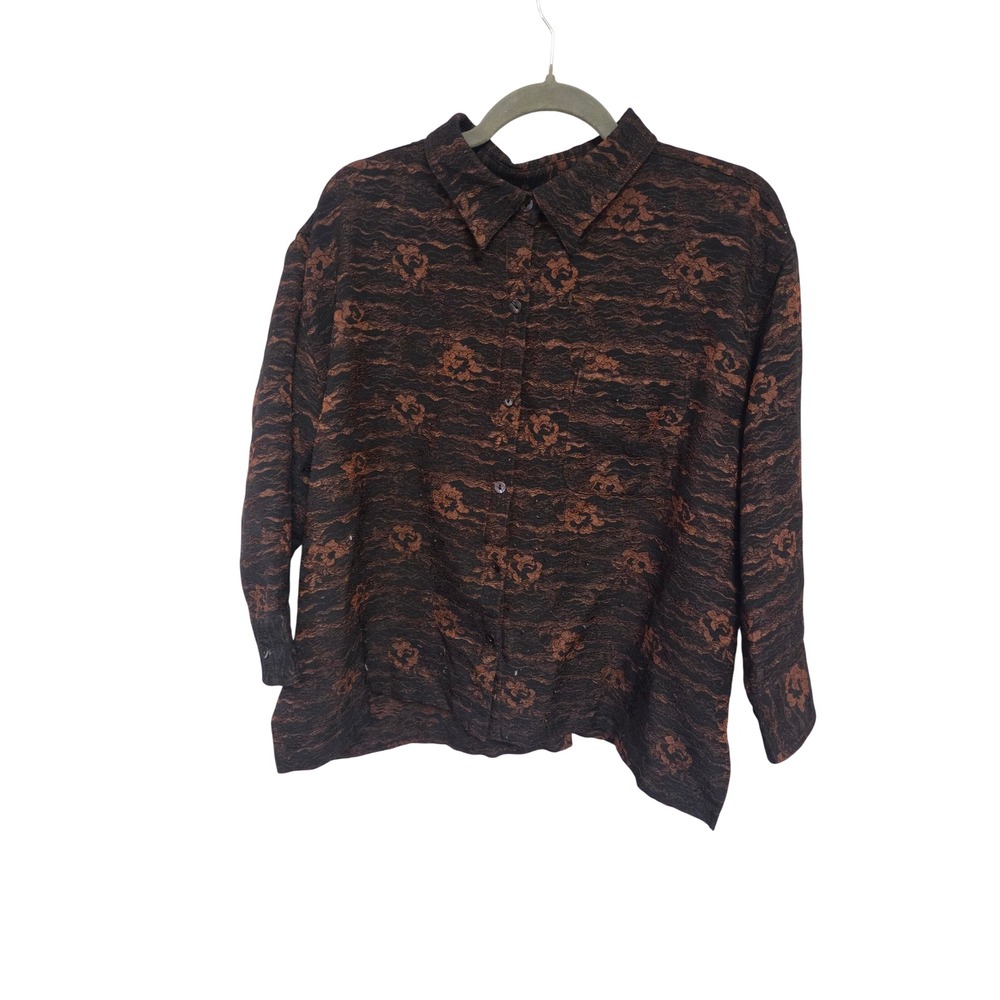 Vintage 90s Chicos Design Lace Textured Button Down Shirt Copper Black Size 3
